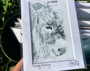 Fuzzy Donkey, Black and White Pen Sketch: Matted Art Prints in Multiple Sizes