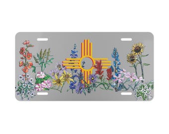 Zia Symbol Light Grey License Plate: New Mexico Wildflower Watercolor Art