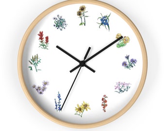 Wall Clock with Artisan Wildflower Drawings