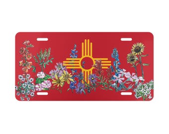Zia Symbol Cardial Red License Plate: New Mexico Wildflower Watercolor Art