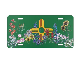 Zia Symbol Emerald License Plate: New Mexico Wildflower Watercolor Art