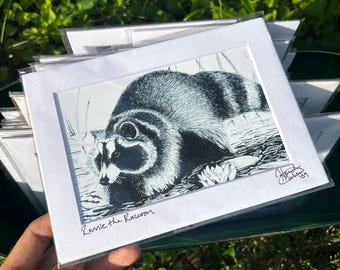 Ronnie the Raccoon, Black and White Pen Sketch: Matted Art Prints in Multiple Sizes
