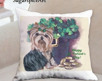 Yorkie  SugarspiceArt St. Patrick's Day Shamrock Decor Pillow