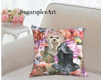 Yorkie Floral Decorative Pillow Dog Art by SugarspiceArt