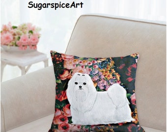 Maltese Floral Decorative Pillow Dog Art by SugarspiceArt
