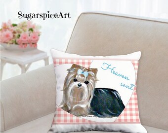 Yorkie Heaven Sent Decorative Pillow Dog Art by SugarspiceArt