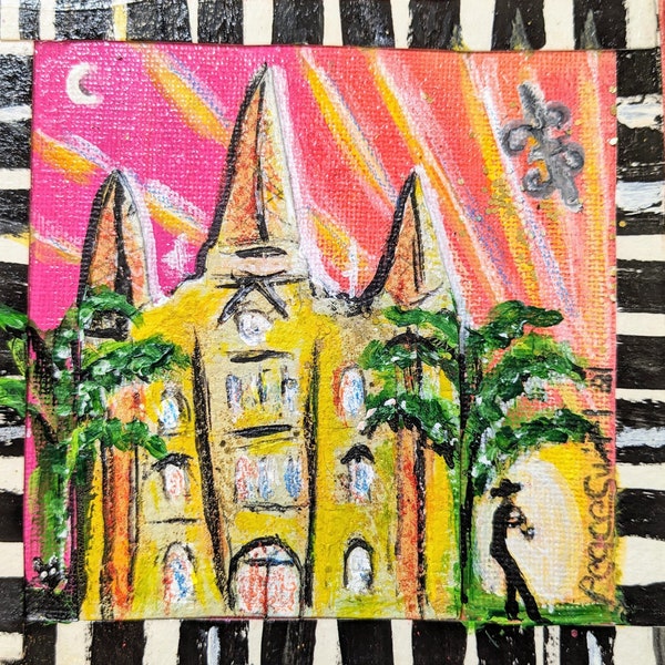 St Louis Cathedral original small painting hand painted created yellow