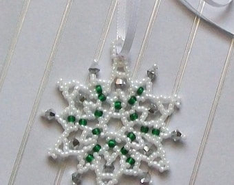 FROZEN Beaded Snowflake Ornament with Swarovski Crystals in White, and Green and Silver