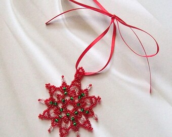 FROZEN Christmas Beaded Snowflake Ornament with Swarovski Crystals in Red and Green