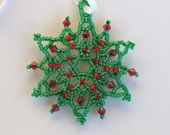 FROZEN Christmas Beaded Snowflake Ornament with Swarovski Crystals in Green and Red