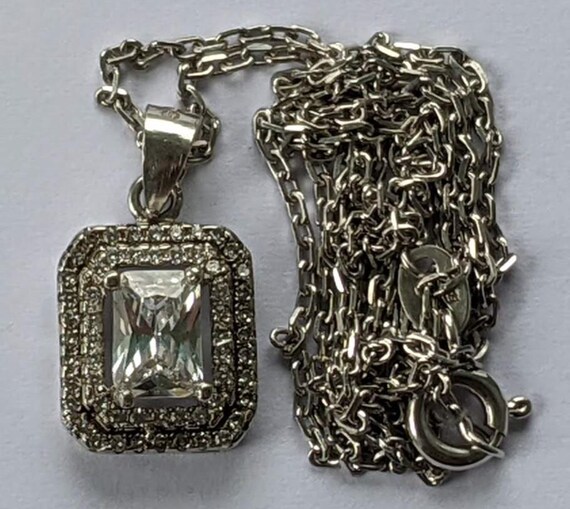 Sterling Silver 925 Rectangular Halo Crystal Pend… - image 3