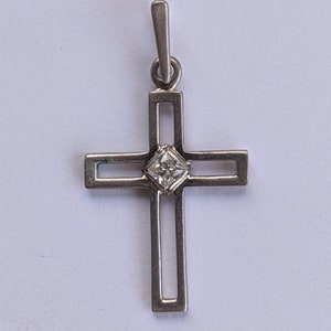 925 Sterling Silver Latin Open Cross Pendant with CZ Center, Modern Minimalist Geometric Outline, Contemporary Christian Jewelry