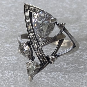 Vintage 925 Sterling Silver Klar CZ Geometrisk Ring Storlek 9 Modernistisk Statement Smycken Gåva
