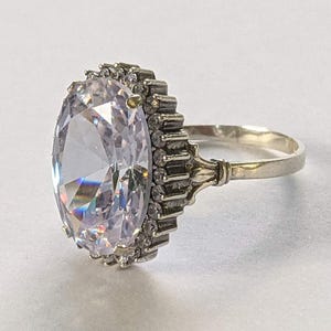 925 Sterling Silver CZ Cocktail Ring, Art Deco Double Halo Statement Ring, Vintage Sunburst Oval Crystal, Ballerina Glamour Ring