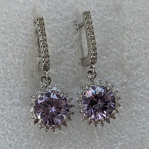 Sterling Silver 925 Amethyst CZ Halo Drop Earrings Art Deco Vintage Glamour Leverback Statement Jewelry