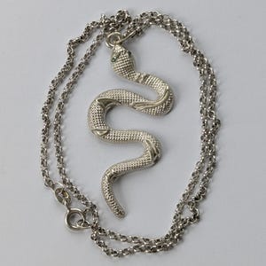 Puede incluir: Un collar con colgante de serpiente plateado que presenta un patrón texturizado similar a escamas en el cuerpo y una pequeña piedra verde incrustada en la cabeza. El colgante cuelga de una fina cadena de plata de eslabones redondos.
