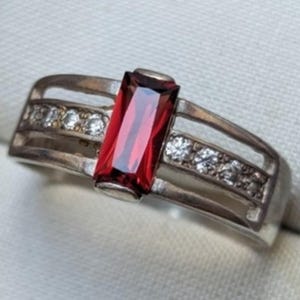 Vintage 925 Sterling Silver Red Baguette Stone Ring Size 9 Clear Accent Statement Jewelry