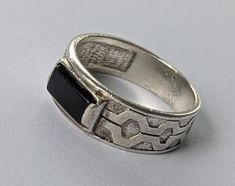 Vintage Sterling Silver Mens Signet Ring Black Onyx Wide Band Retro Jewelry Size 9.5