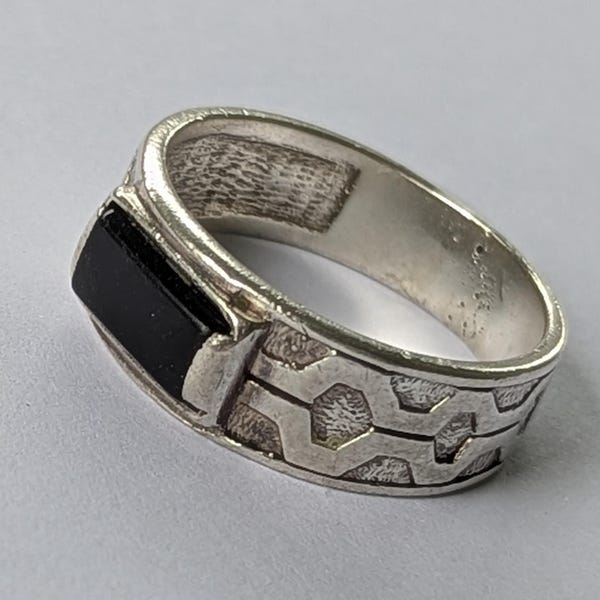 Vintage Sterling Silver Mens Signet Ring Black Onyx Wide Band Retro Jewelry Size 9.5