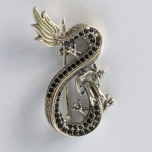 Sterlingzilver 925 drakenbroche zwart CZ Aziatisch geïnspireerde hedendaagse luxe statementspeld sculpturaal