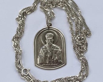 Vintage 925 Sterling Silver Saint Nicholas Orthodox Icon Pendant Necklace on Byzantine Chain