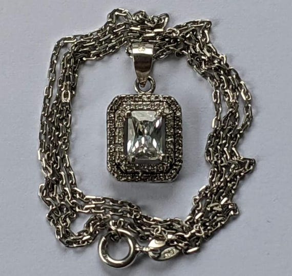 Sterling Silver 925 Rectangular Halo Crystal Pend… - image 1