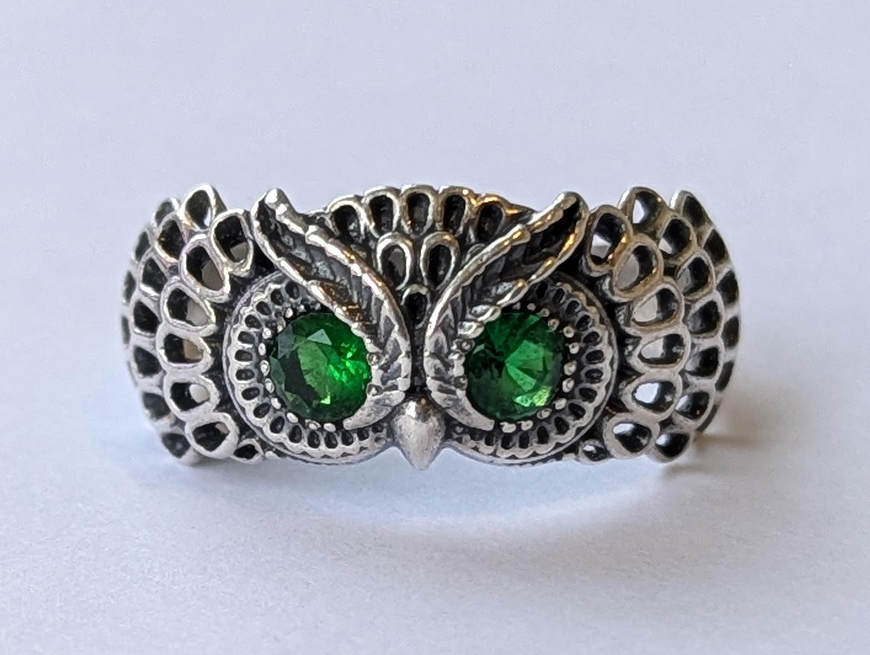 Vintage Owl Ring Sterling Silver 925 Green Stone Animal Statement Jewelry Size 10.5