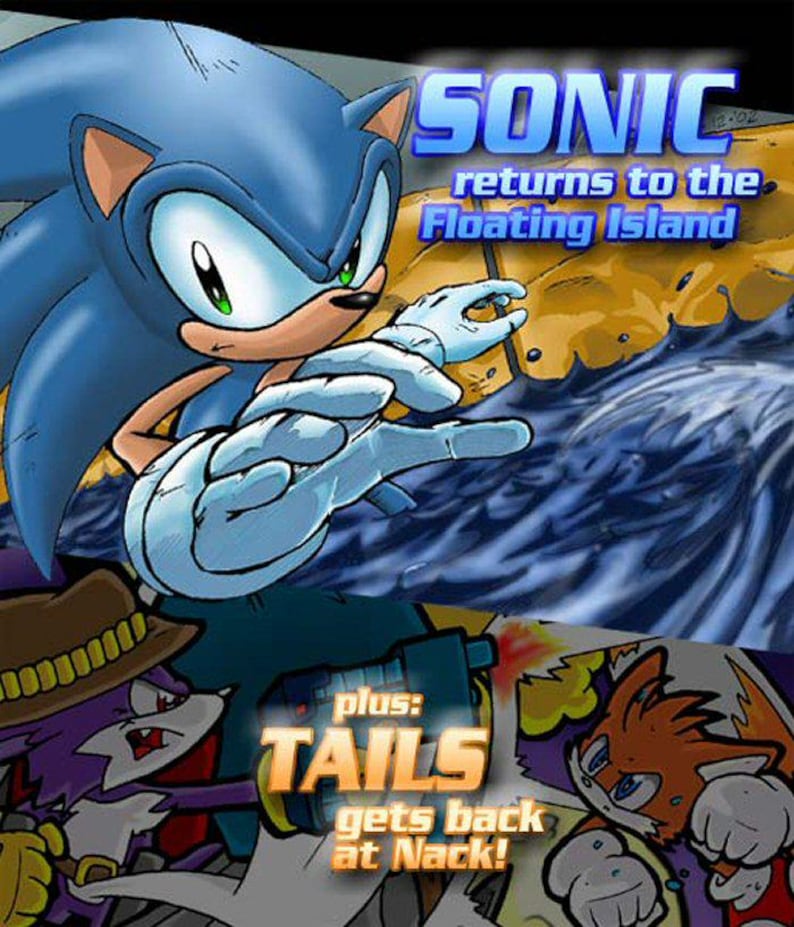 May include: A comic book cover featuring Sonic the Hedgehog, a blue anthropomorphic hedgehog, with a determined expression. The cover text reads "Sonic returns to the Floating Island" and "plus: Tails gets back at Nack!"