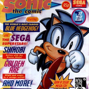 May include: The cover of the first issue of Sonic the Comic, featuring Sonic the Hedgehog in a blue and white running pose. The cover also features the text "The World's Most Famous Blue Hedgehog!" and "The Sega Superstars!"