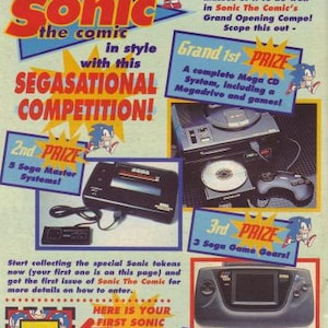 May include: A colorful comic book advertisement for Sonic the Comic. The ad features a Sega Mega Drive, Sega Game Gear, and Sonic the Hedgehog characters. The text reads "Celebrate the launch of Sonic the Comic in style with this SEGASATIONAL COMPETITION!"