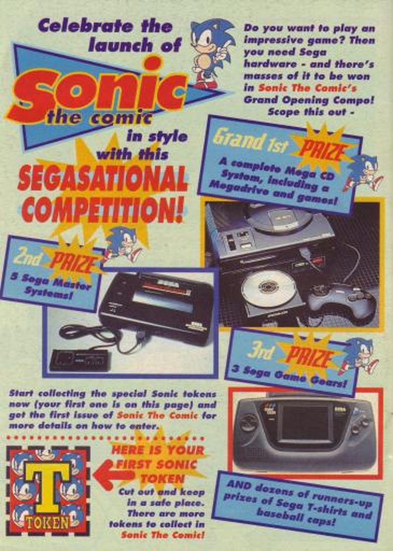 May include: A colorful comic book advertisement for Sonic the Comic. The ad features a Sega Mega Drive, Sega Game Gear, and Sonic the Hedgehog characters. The text reads "Celebrate the launch of Sonic the Comic in style with this SEGASATIONAL COMPETITION!"