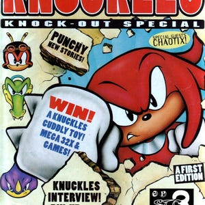 May include: A comic book cover featuring Knuckles the Echidna from the Sega video game series Sonic the Hedgehog. The cover is red, white, and blue with the title "Knuckles Knock-Out Special" and the text "Special Guest's Chaotix!" The cover also features a win contest for a Knuckles cuddly toy, Mega 32X & games.