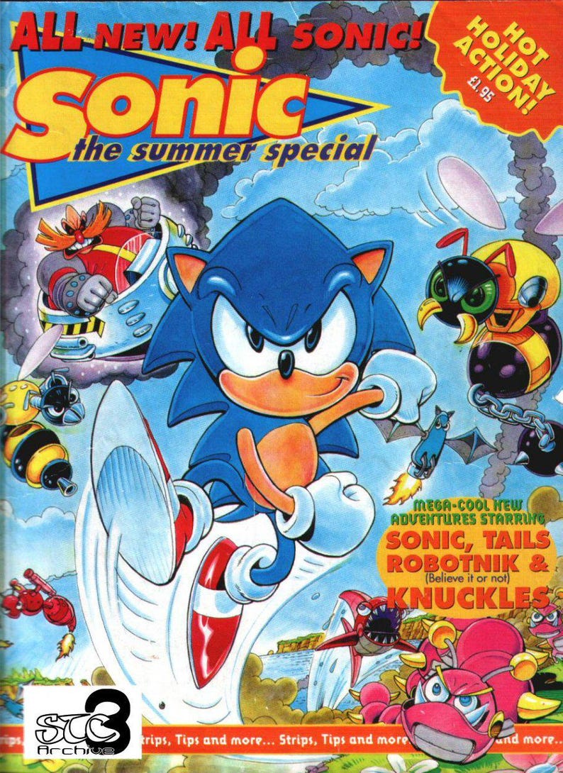 May include: A comic book cover featuring Sonic the Hedgehog, Tails, Robotnik, and Knuckles. The cover is blue, yellow, and red with the title "Sonic the Summer Special".