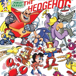 Op de afbeelding: Een comicboekomslag met Sonic the Hedgehog, een blauwe, antropomorfe egel, die wegrent van een groep schurken. De omslag is getiteld "Sonic the Hedgehog" en bevat de tekst "Eerste nummer!" in een gele spraakballon. De omslag is in cartoon-stijl en bevat felle kleuren.