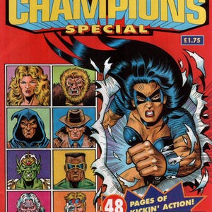 May include: A magazine cover featuring a comic book style illustration of a woman with black hair and a blue and black outfit. The magazine is titled "Eternal Champions Special" and features a price of $1.75. The cover also includes a list of characters from the game, including a woman with blonde hair, a werewolf, a man with a hooded cloak, a man with a fedora, a man with green skin and a crown, a man with sunglasses, a man with white hair, and a man with a red, white, and blue shirt.