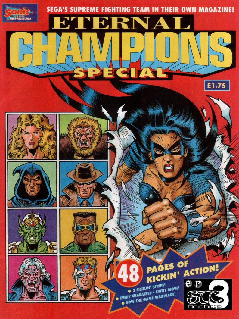 May include: A magazine cover featuring a comic book style illustration of a woman with black hair and a blue and black outfit. The magazine is titled "Eternal Champions Special" and features a price of $1.75. The cover also includes a list of characters from the game, including a woman with blonde hair, a werewolf, a man with a hooded cloak, a man with a fedora, a man with green skin and a crown, a man with sunglasses, a man with white hair, and a man with a red, white, and blue shirt.
