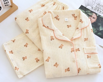 Teddy Bear Women's Pajama Set, Cute Women's Loungewear, Sleepwear, Gift for Her, Comfy Pajamas, Cozy PJ Set, Cute Organic Cotton Pajamas