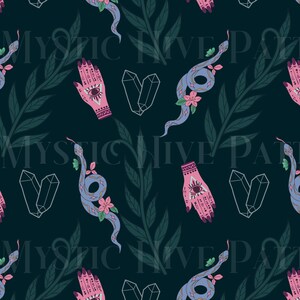 Mystical Seamless Pattern, Repeating File with Snakes, Crystals, Leaves, Plants, Occult, Magical, Floral Snake, Decorative Serpent