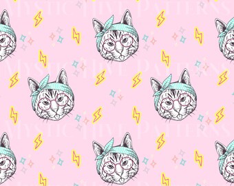 May include: A seamless pattern featuring a pink background with a repeated design of a cat wearing glasses and a blue bandana. The cat is drawn in black and white with a pink tongue sticking out. The background is decorated with yellow lightning bolts and small pink, blue, and white stars.