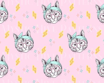 May include: A seamless pattern featuring a pink background with a repeating design of a cat wearing glasses and a blue bandana, yellow lightning bolts, and small pink, blue, and white stars.