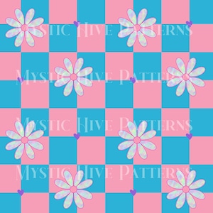 Floral checkered seamless file, cute floral repeating pattern, faux holographic pattern, holographic flowers, girly seamless, pink and blue