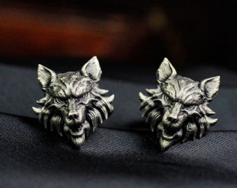 Wolf Head Cufflinks - Gothic 925 Silver Handmade Suit Accessories for Men
