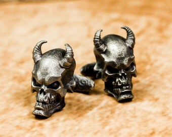 Handmade 925 Horned Skull Cufflinks: Gothic Biker Jewelry