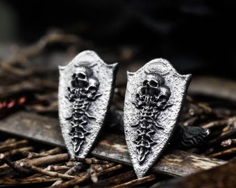 Skeleton Vertebra Shield Cufflinks 925 Silver, English Count Vampire Wedding Jewelry, Unique Best Man Gift