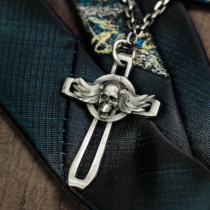 Winged Skull Cross Pendant - Handmade Gothic Cross silver Necklace with Industrial Loop Design
