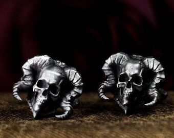 Ram's horn skull silver cufflinks, chic handmade skull cufflinks, goth wedding anniversary groomsmen gift