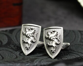 Lion Shield Cufflinks: 925 Silver Family Crest Logo, Customized Cufflinks