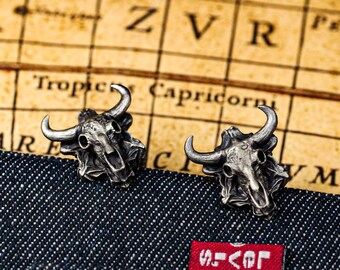 925 Silver Skull Bull Cufflinks, Handmade Western Style Taurus Wedding Gift