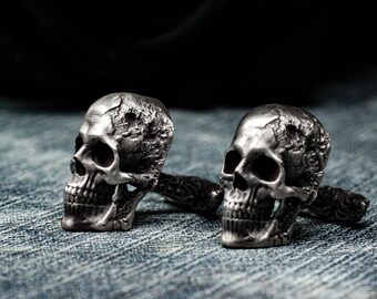 Skull Cufflinks, Broken Human Skull, 925 Silver Dark Gothic Wedding Favor
