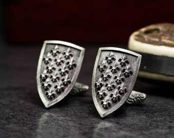 Iris European Shield Cufflinks,Shaped Fleur de Lys Cufflinks 925 Silver Handmade Mens Accessories - Mens Gift - Valentines Day